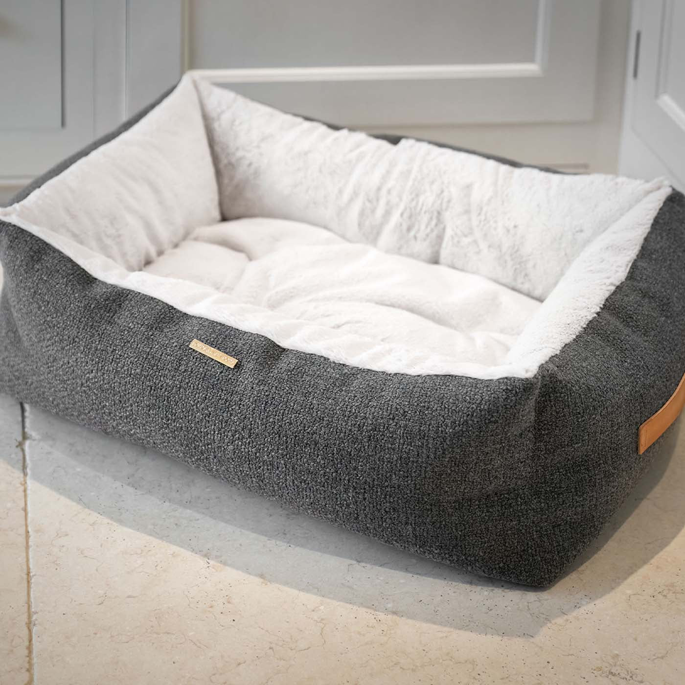 Discover This Luxurious Box Bed For Dogs, Made Using Beautiful Herdwick Fabric To Craft The Perfect Dog Box Bed! In Stunning Graphite, Available Now at Lords & Labradors
