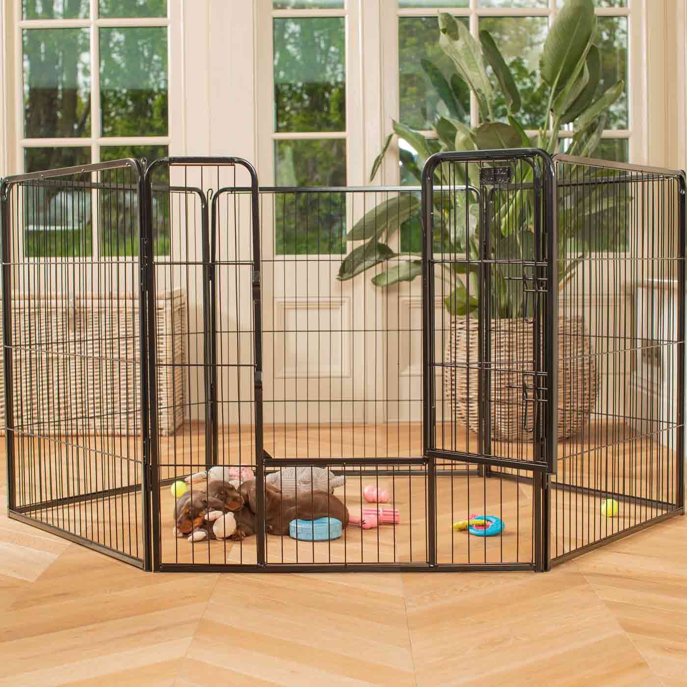 Ensure The Ultimate Puppy Safety with Our Heavy Duty 80cm High Black Metal Play Pen, Crafted to Take Your Pet Right Through Maturity! Powder Coated to Be Extra Hardwearing! 6 panels that are 80cm high and attachments to connect to any crate. The modular system allows you to change the puppy pen shape with multiple layouts! Available To Now at Lords & Labradors