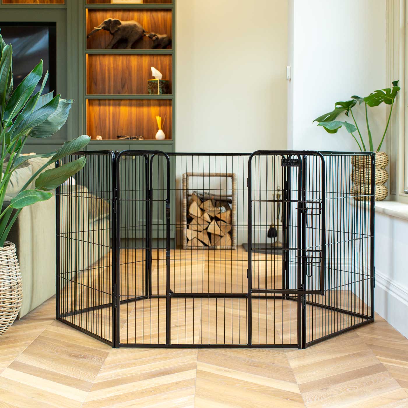 Ensure The Ultimate Puppy Safety with Our Heavy Duty 80cm High Black Metal Play Pen, Crafted to Take Your Pet Right Through Maturity! Powder Coated to Be Extra Hardwearing! 6 panels that are 80cm high and attachments to connect to any crate. The modular system allows you to change the puppy pen shape with multiple layouts! Available To Now at Lords & Labradors