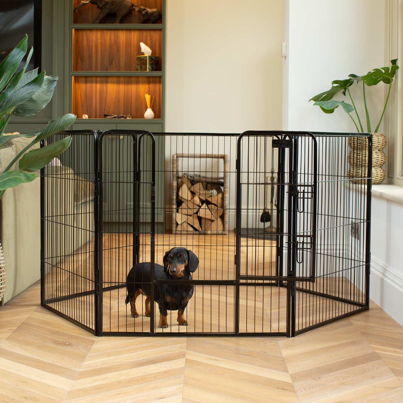 Ensure The Ultimate Puppy Safety with Our Heavy Duty 80cm High Black Metal Play Pen, Crafted to Take Your Pet Right Through Maturity! Powder Coated to Be Extra Hardwearing! 6 panels that are 80cm high and attachments to connect to any crate. The modular system allows you to change the puppy pen shape with multiple layouts! Available To Now at Lords & Labradors