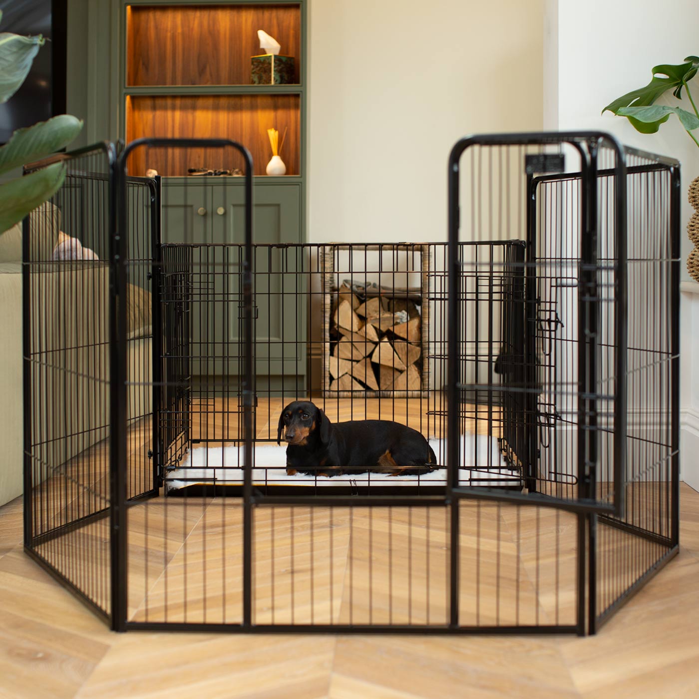 Ensure The Ultimate Puppy Safety with Our Heavy Duty 80cm High Black Metal Play Pen, Crafted to Take Your Pet Right Through Maturity! Powder Coated to Be Extra Hardwearing! 6 panels that are 80cm high and attachments to connect to any crate. The modular system allows you to change the puppy pen shape with multiple layouts! Available To Now at Lords & Labradors