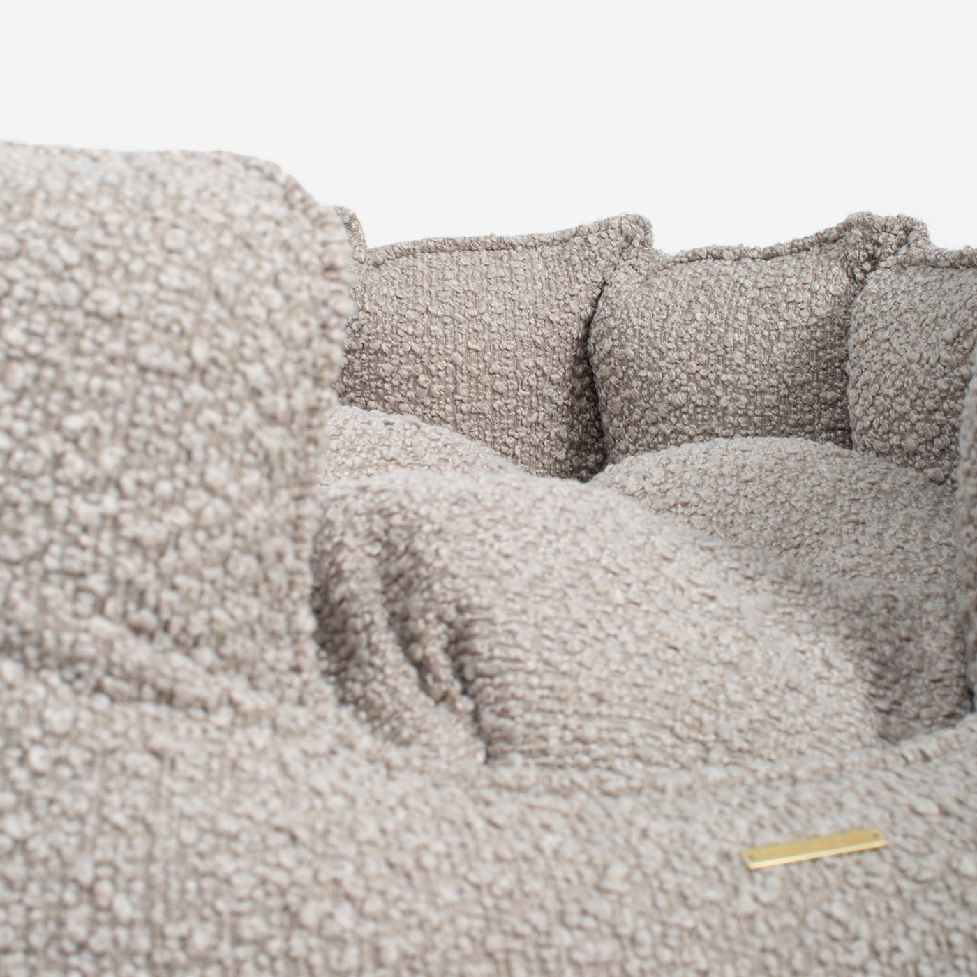 Discover Our Luxurious High Wall Bed For Dogs, Featuring inner pillow with plush teddy fleece on one side To Craft The Perfect Dogs Bed In Stunning Mink Bouclé! Available To Personalise Now at Lords & Labradors