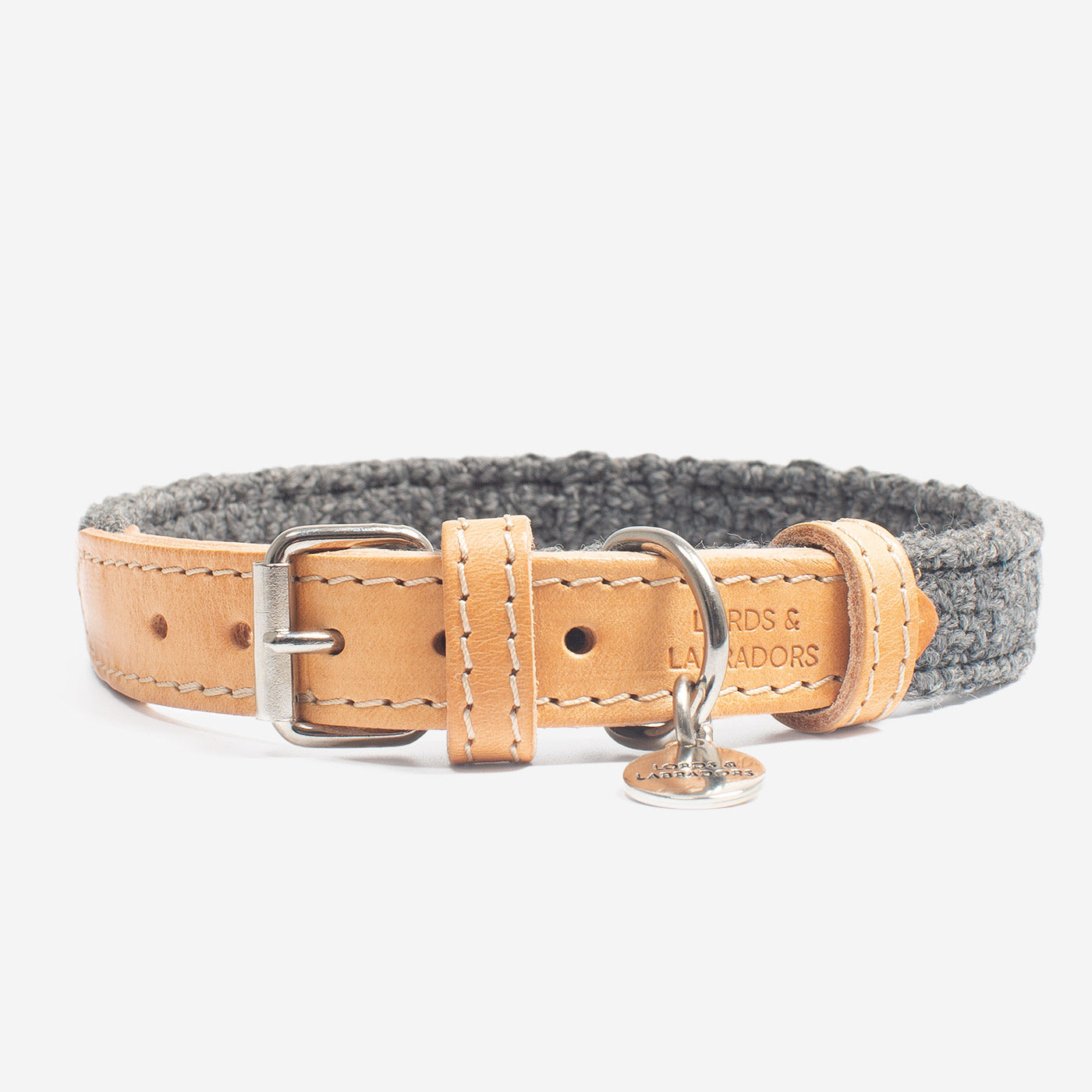 Discover dog walking luxury with our handcrafted Italian dog collar in beautiful graphite with woven dark grey fabric! The perfect collar for dogs available now at Lords & Labradors