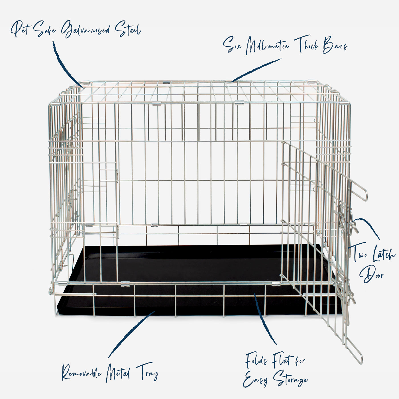 Discover the perfect deluxe heavy duty silver dog crate, featuring two doors for easy access and a removable tray for easy cleaning! The ideal choice to keep new puppies safe, made using pet safe galvanised steel! Available now in 5 sizes and three stunning colours at Lords & Labradors