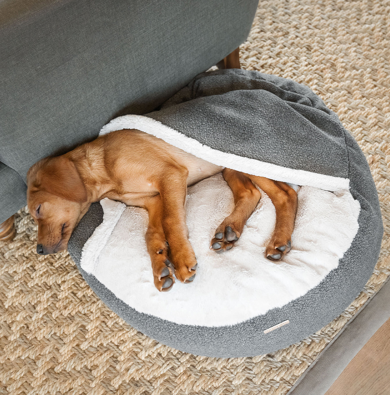 Discover This Luxurious Dog Den, Made Using Beautiful Herdwick Fabric To Craft The Perfect Den For Dogs! In Stunning Graphite, Available Now at Lords & Labradors