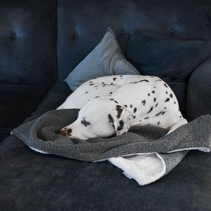 Discover Our Luxurious Dog Blanket In Luxury Granite Bouclé Super Soft Sherpa & Teddy Fleece Lining, The Perfect Blanket For Puppies, Available To Personalise And In 2 Sizes Here at Lords & Labradors