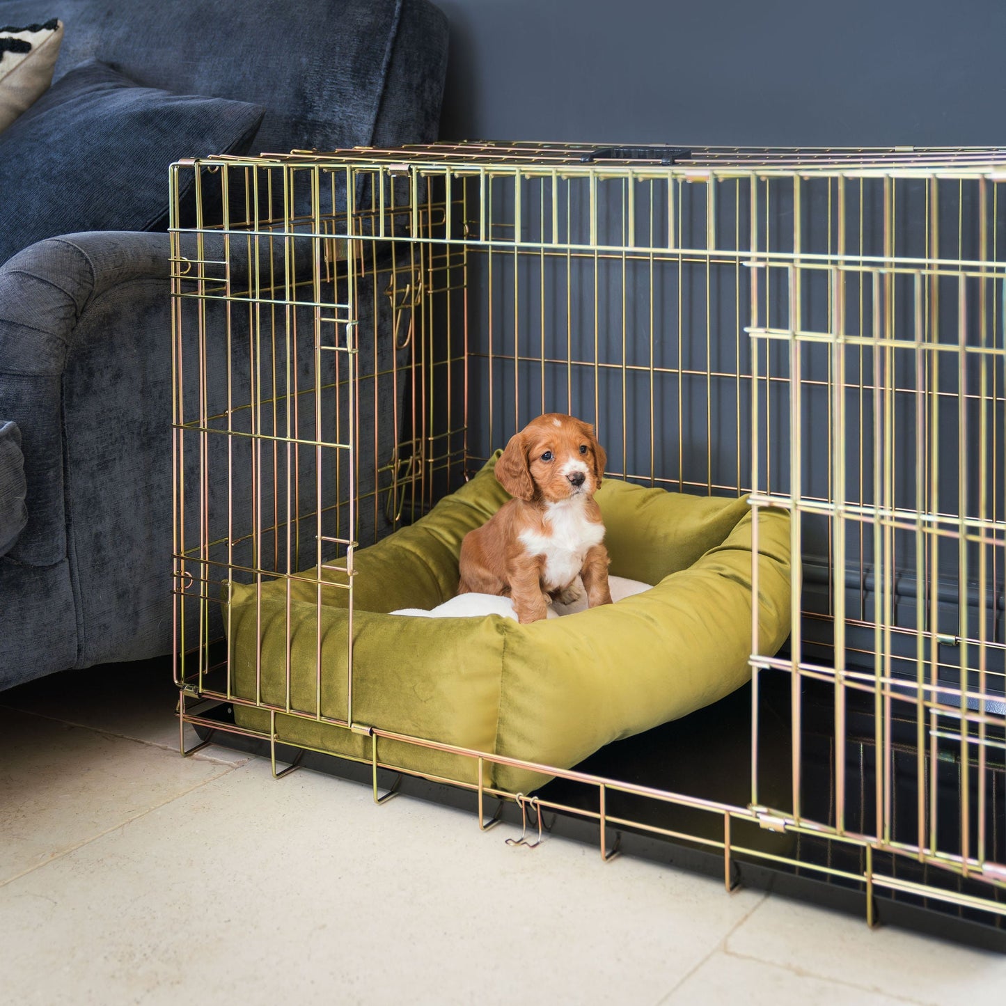 Cosy & Calming Puppy Crate Bed In Olive Velvet By Lords & Labradors