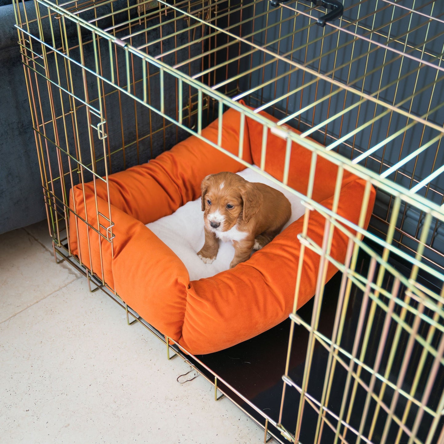 Cosy & Calming Puppy Crate Bed In Pumpkin Velvet By Lords & Labradors