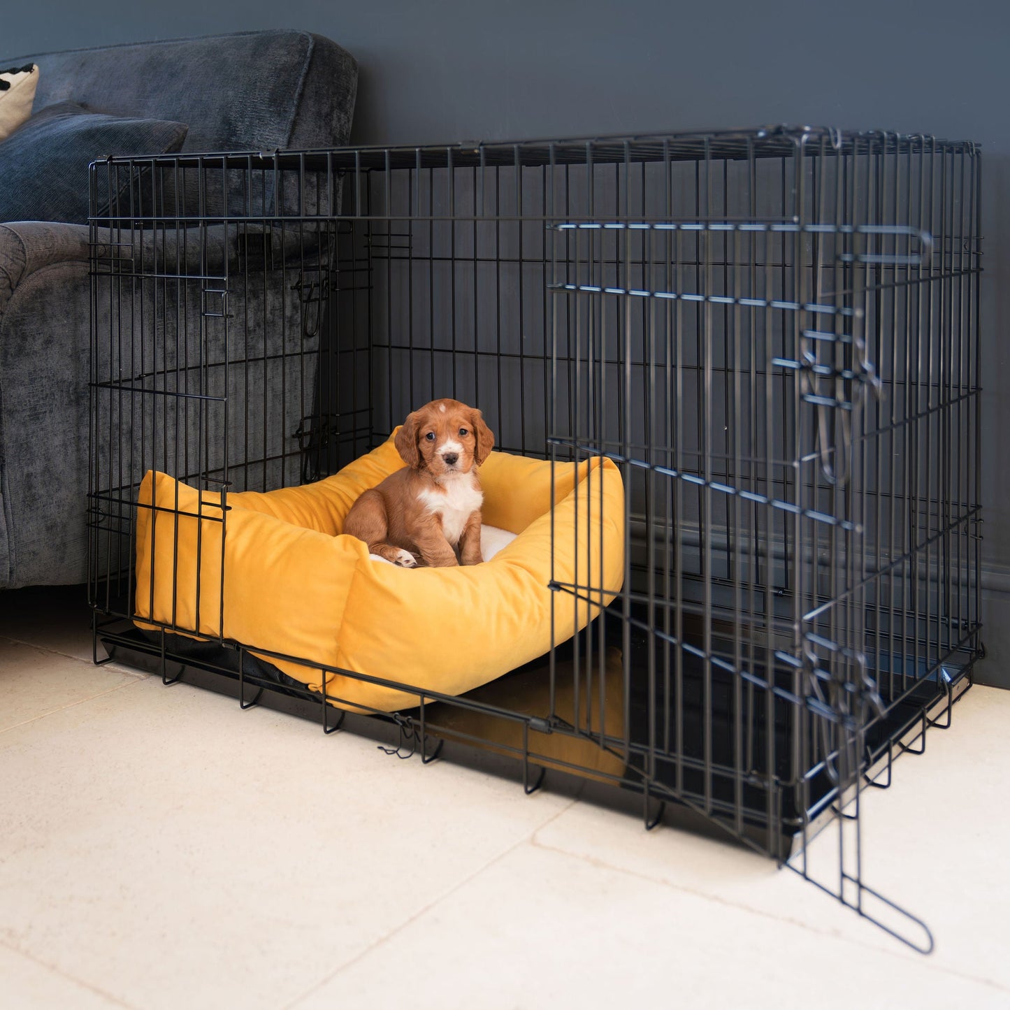 Cosy & Calming Puppy Crate Bed In Saffron Velvet By Lords & Labradors