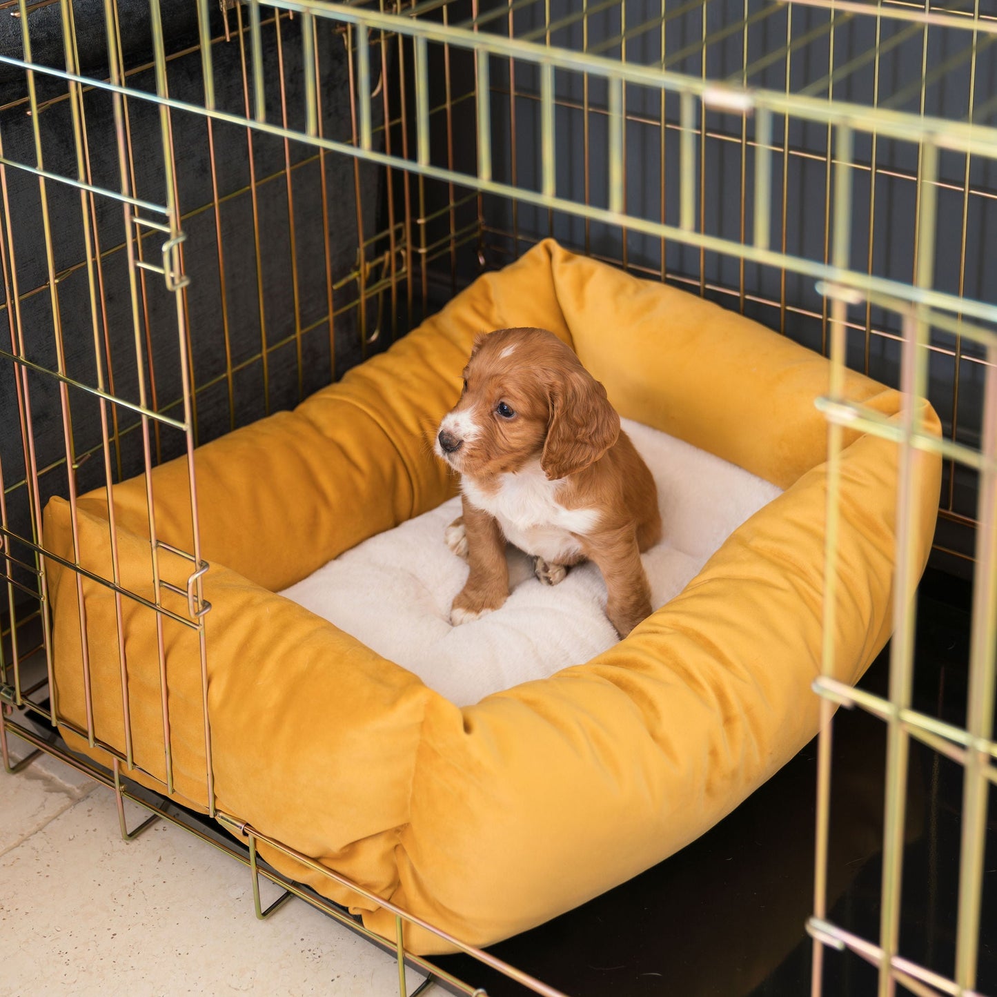 Cosy & Calming Puppy Crate Bed In Saffron Velvet By Lords & Labradors