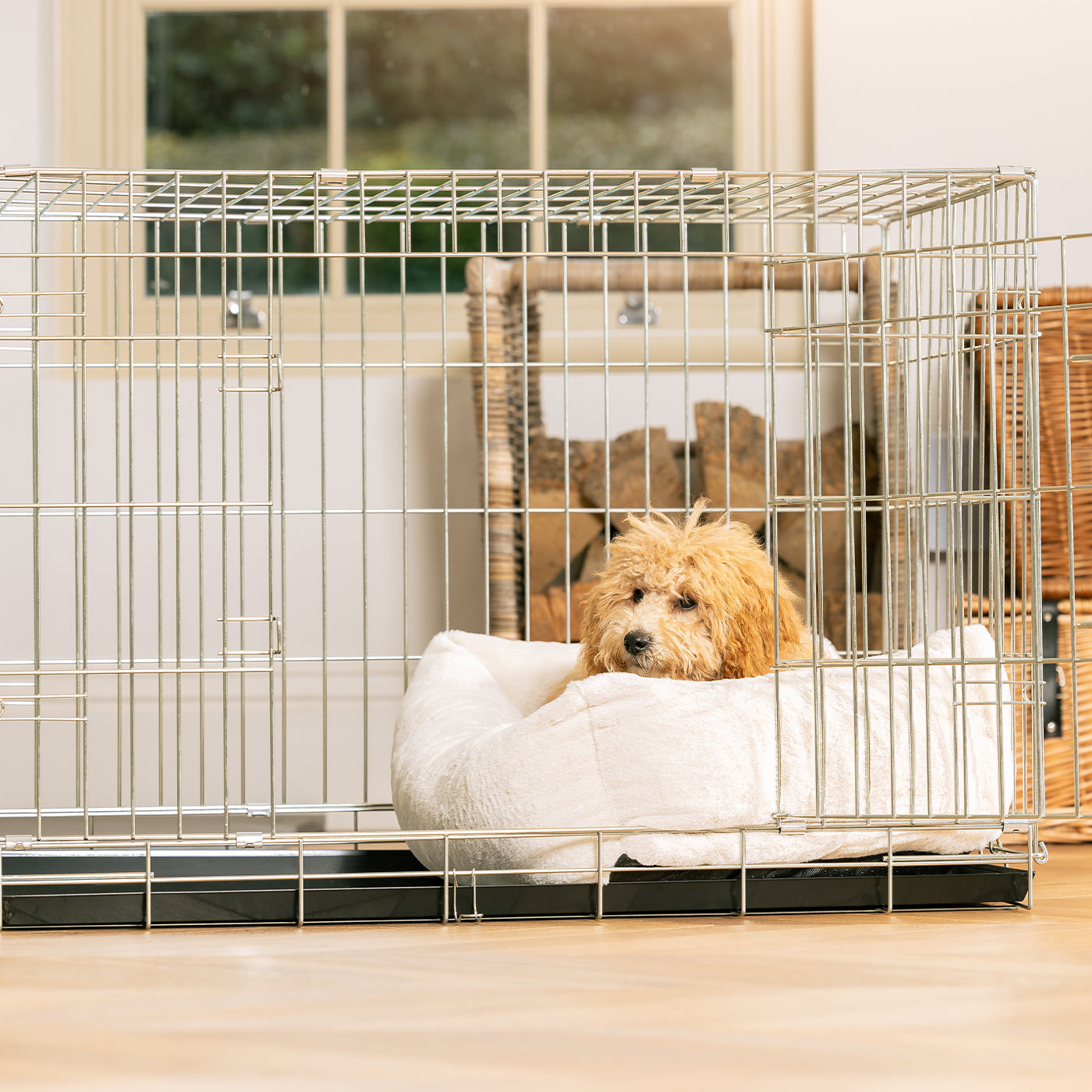 Cosy & Calm Puppy Crate Bed, The Perfect Dog Crate Accessory For The Ultimate Dog Den! In Stunning Cream Faux Fur! Available Now at Lords & Labradors