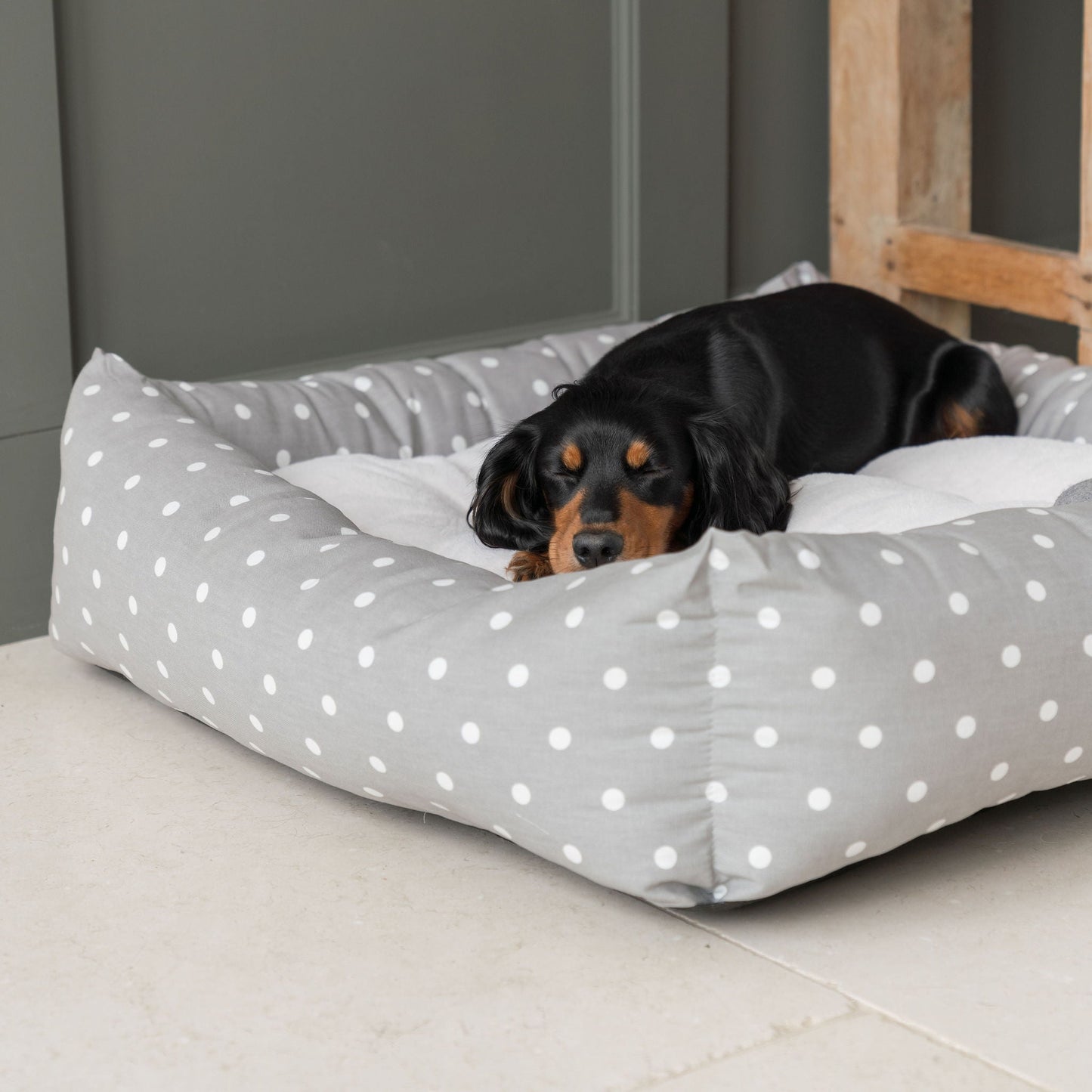 Box Bed For Dogs in Grey Spot by Lords & Labradors