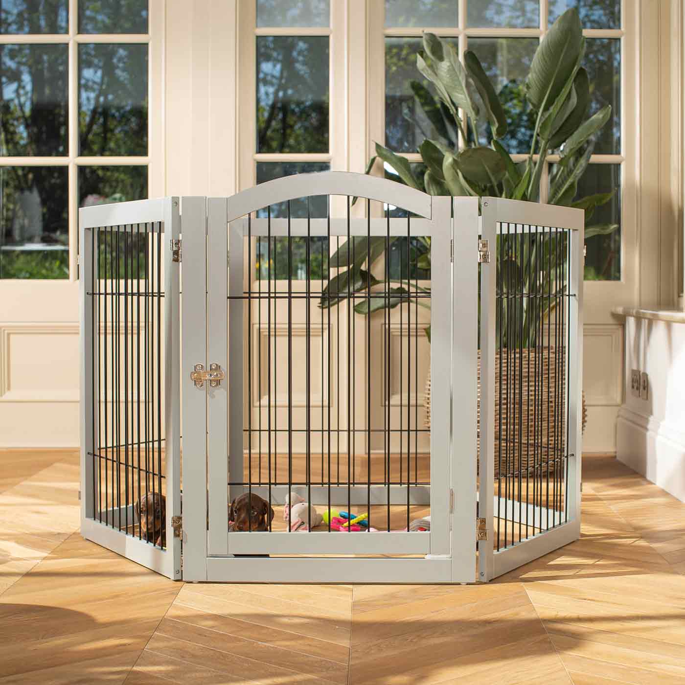 Ensure The Ultimate Puppy Safety with Our Heavy Duty Wooden Puppy Play Pen in Grey or white, Crafted to Take Your Pet Right Through Maturity! Powder Coated to Be Extra Hardwearing! 6 panels that are 80.5cm high! Available To Now at Lords & Labradors