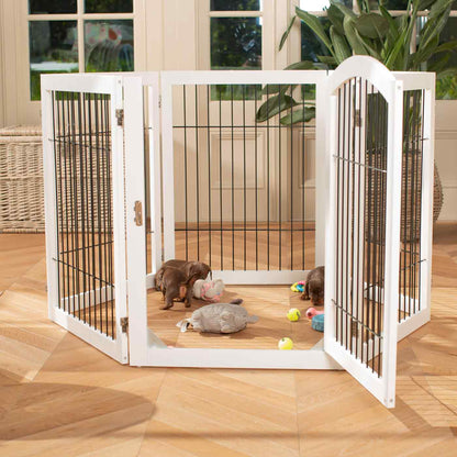 Ensure The Ultimate Puppy Safety with Our Heavy Duty Wooden Puppy Play Pen in Grey or white, Crafted to Take Your Pet Right Through Maturity! Powder Coated to Be Extra Hardwearing! 6 panels that are 80.5cm high! Available To Now at Lords & Labradors