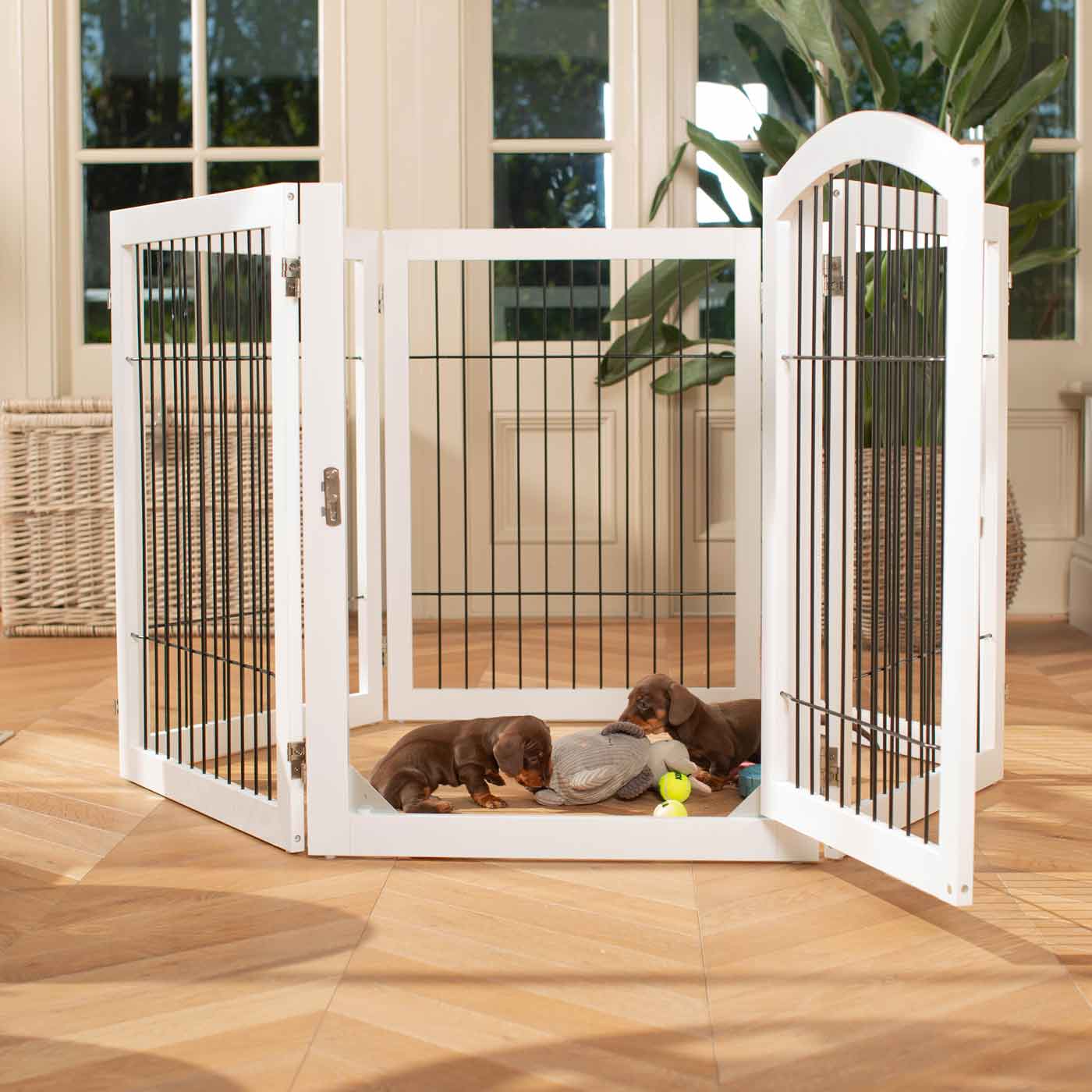 Ensure The Ultimate Puppy Safety with Our Heavy Duty Wooden Puppy Play Pen in Grey or white, Crafted to Take Your Pet Right Through Maturity! Powder Coated to Be Extra Hardwearing! 6 panels that are 80.5cm high! Available To Now at Lords & Labradors