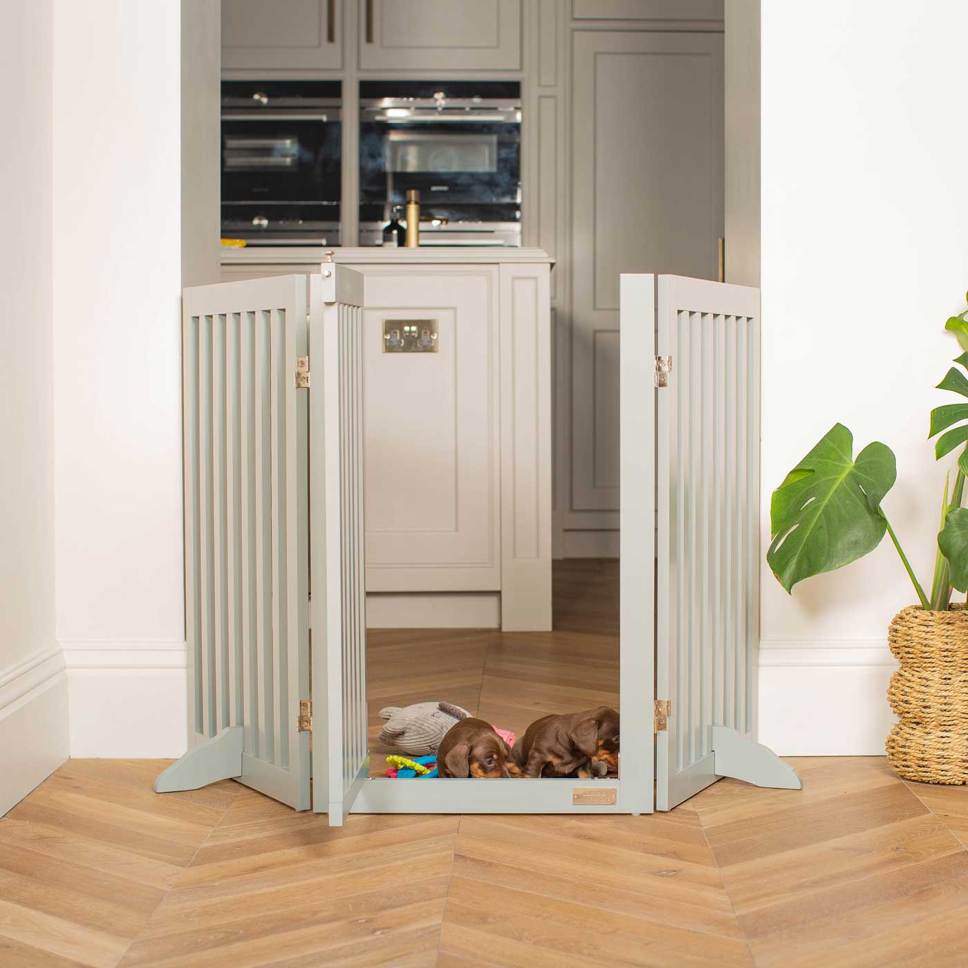 Train your new puppy with the perfect pet furniture, our super-strong wooden dog gate will ensure you set the boundaries for your furry friend, made easy to assemble featuring a walk-through gate for easy accessibility to be installed in doorways, hallways and stairs! Shop the ideal pet gate, available now in white & grey at Lords & Labradors     