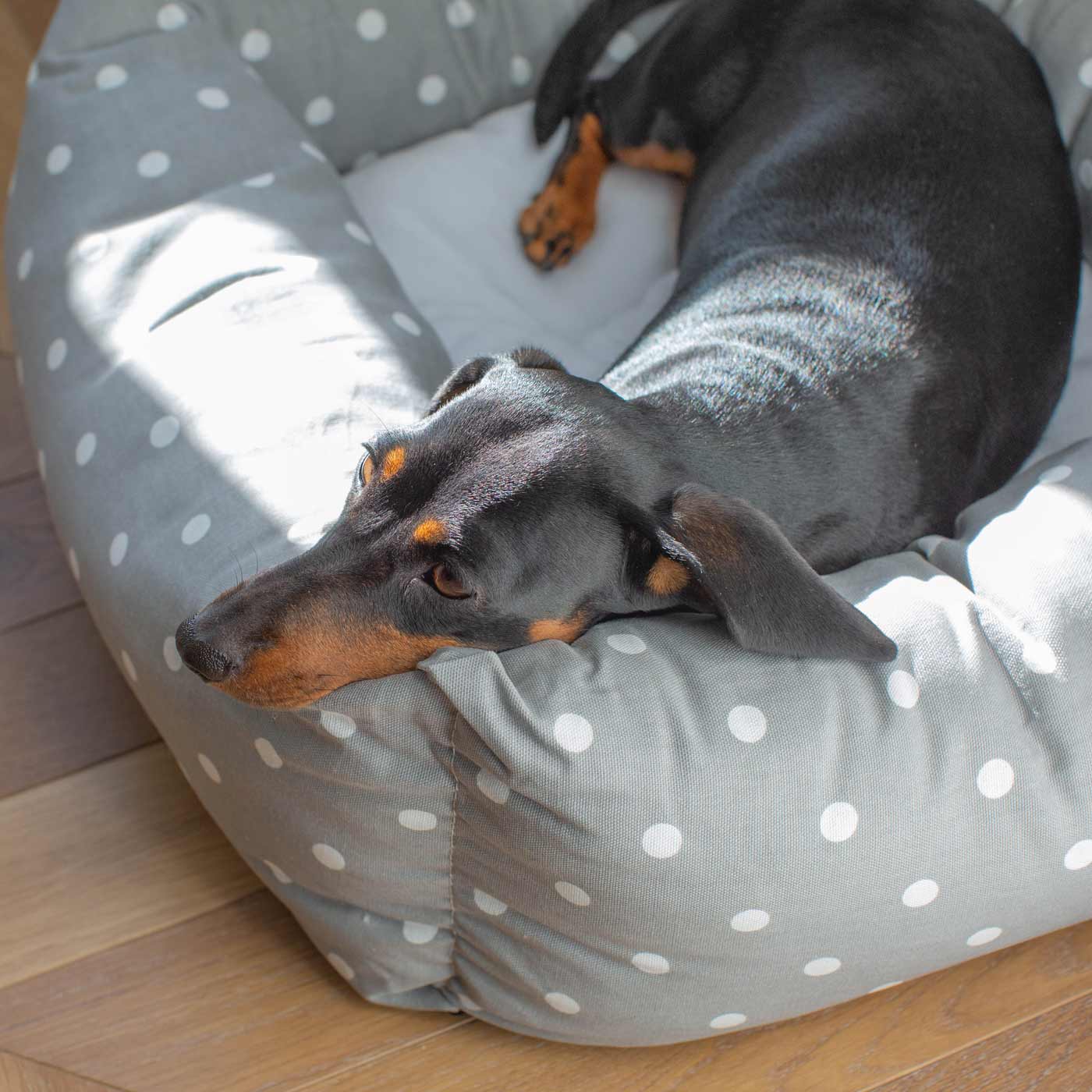 Luxury, Handmade Box Bed For Dogs, A Stunning Grey Spot Dog Bed Perfect For Your Pets Nap Time! Available at Lords & Labradors