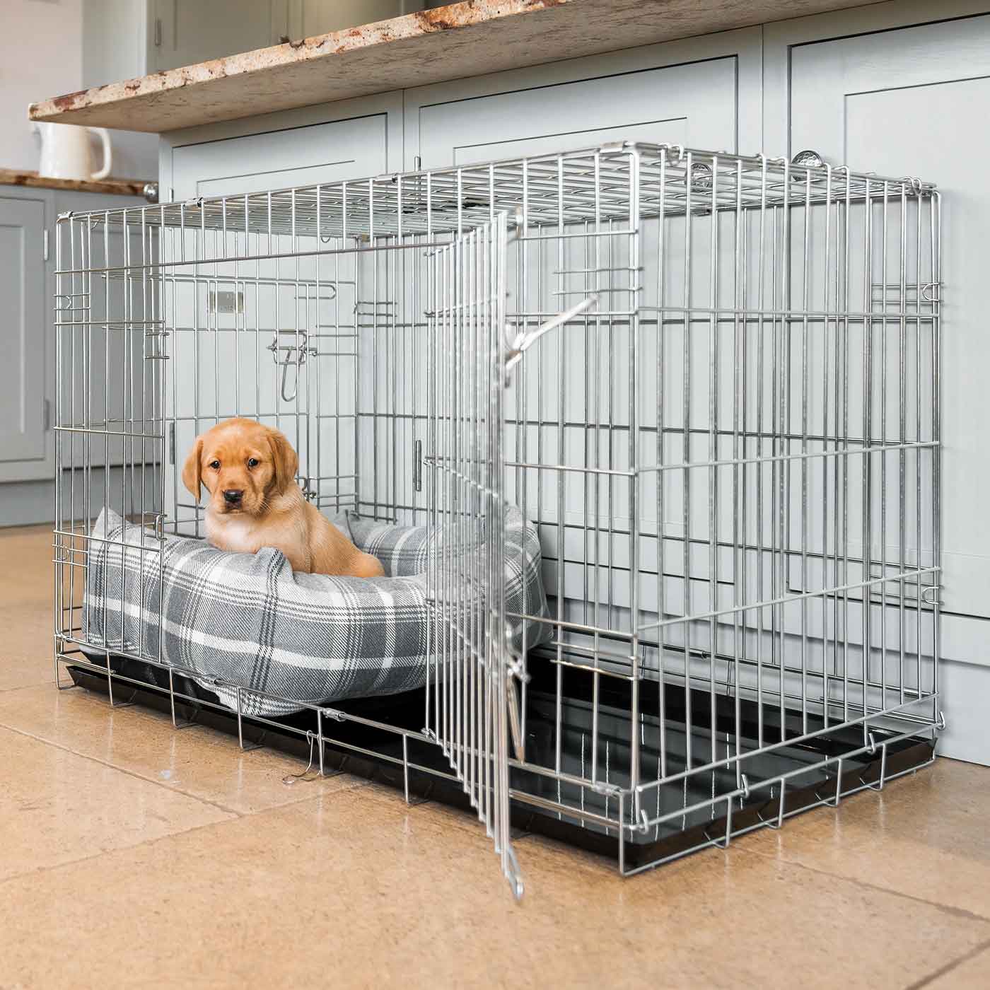  Cosy & Calm Puppy Crate Bed, The Perfect Dog Crate Accessory For The Ultimate Dog Den! In Stunning Dove Grey Tweed! Available Now at Lords & Labradors