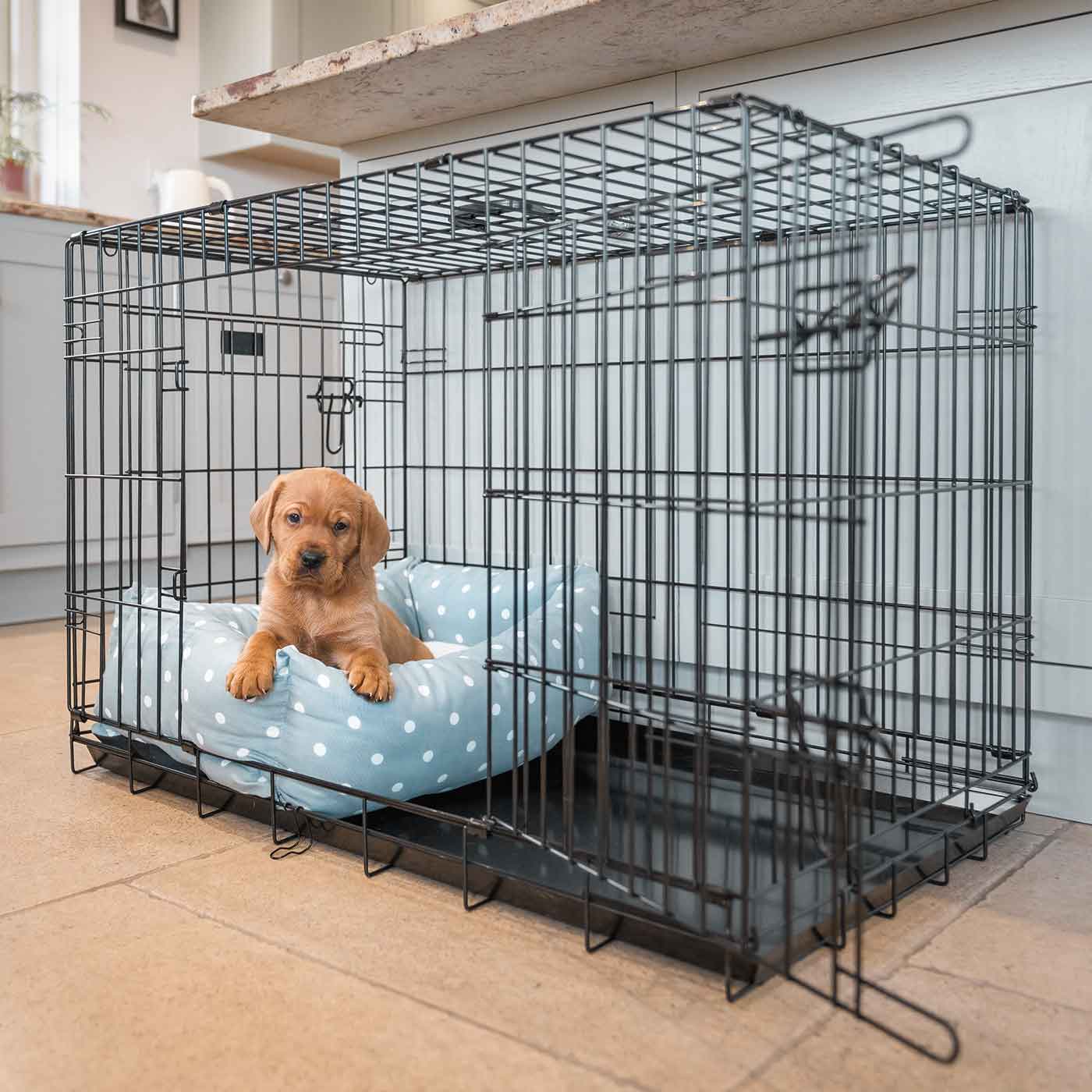  Cosy & Calm Puppy Crate Bed, The Perfect Dog Crate Accessory For The Ultimate Dog Den! In Stunning Duck Egg Spot! Available Now at Lords & Labradors