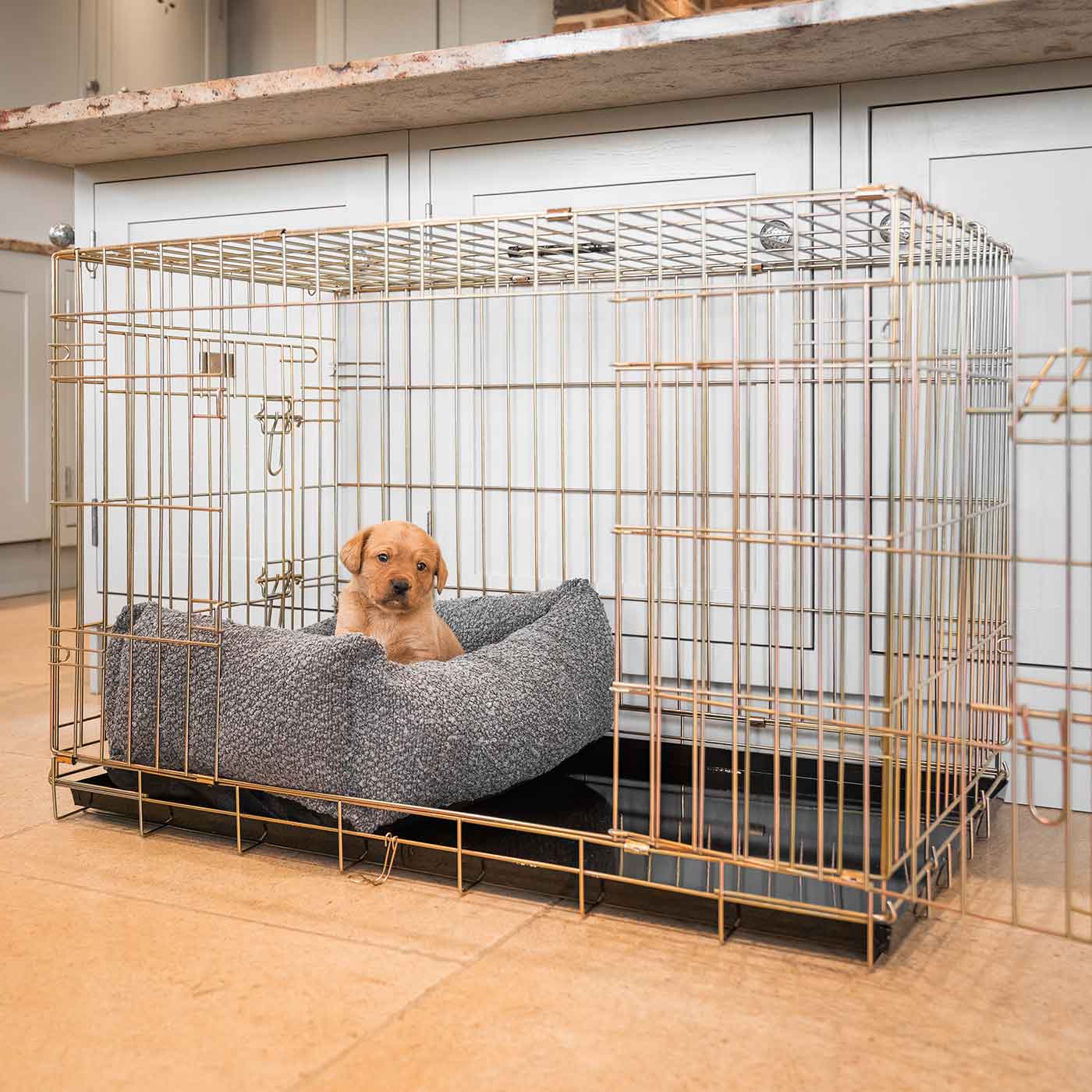  Cosy & Calm Puppy Crate Bed, The Perfect Dog Crate Accessory For The Ultimate Dog Den! In Stunning Granite Bouclé! Available To Personalise at Lords & Labradors 