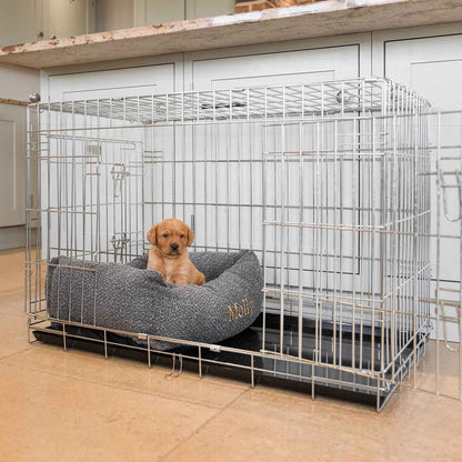  Cosy & Calm Puppy Crate Bed, The Perfect Dog Crate Accessory For The Ultimate Dog Den! In Stunning Granite Bouclé! Available To Personalise at Lords & Labradors 