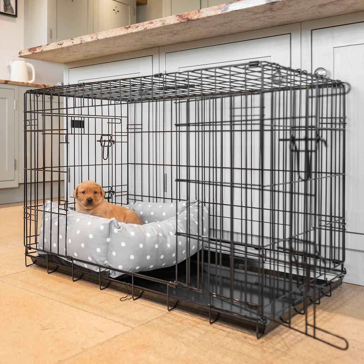  Cosy & Calm Puppy Crate Bed, The Perfect Dog Crate Accessory For The Ultimate Dog Den! In Stunning Grey Spot! Available Now at Lords & Labradors