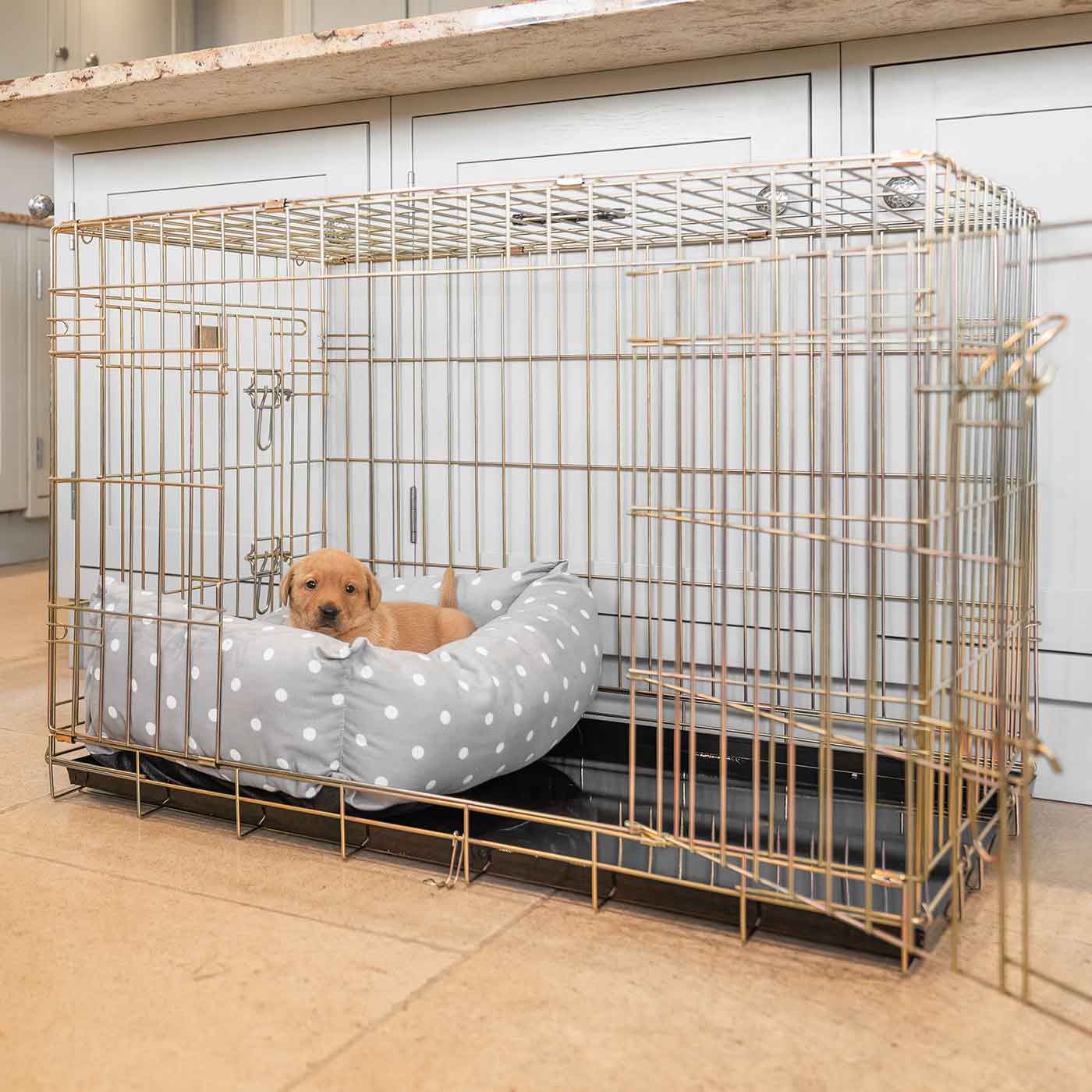  Cosy & Calm Puppy Crate Bed, The Perfect Dog Crate Accessory For The Ultimate Dog Den! In Stunning Grey Spot! Available Now at Lords & Labradors