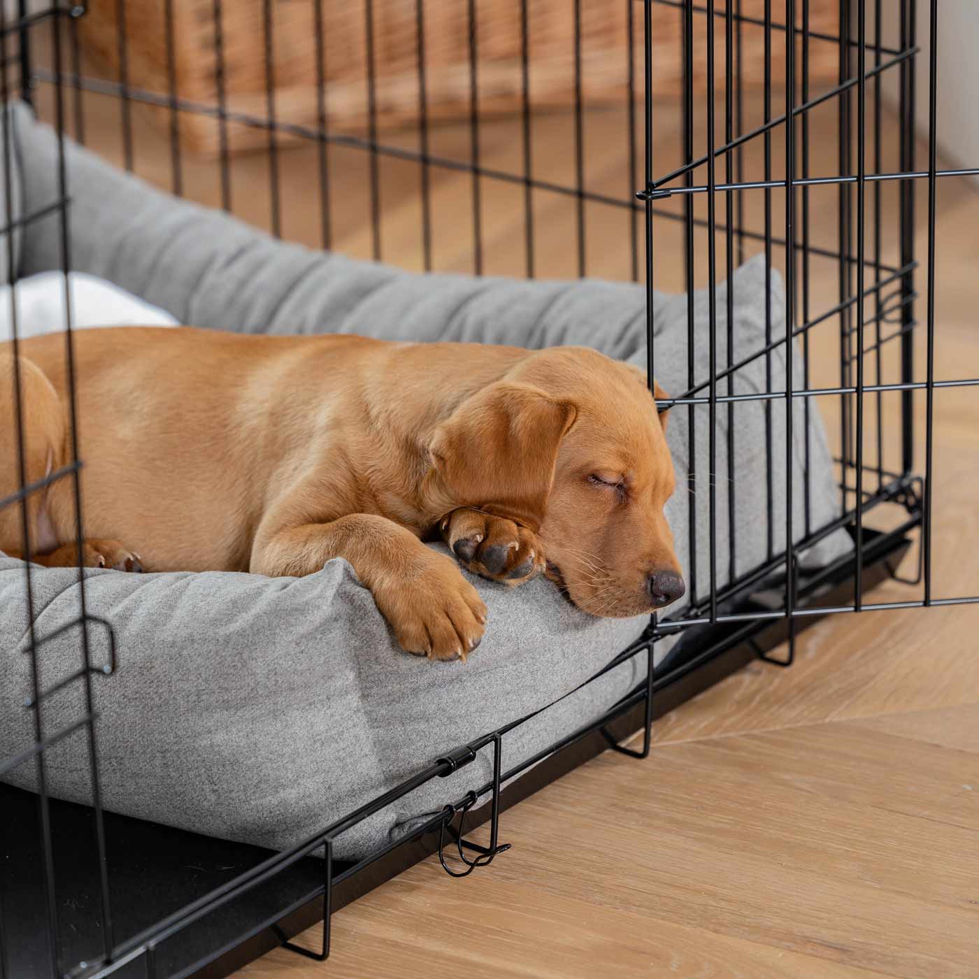 Inchmurrin Cosy & Calm Puppy Box Bed, The Perfect Dog Crate Bed For Pets! To Build The Ultimate Dog Den! In Dark Grey Inchmurrin Ground! Available To Personalise Now at Lords & Labradors