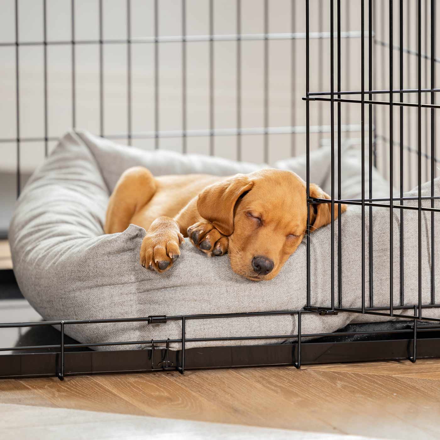 Inchmurrin Cosy & Calm Puppy Box Bed, The Perfect Dog Crate Bed For Pets! To Build The Ultimate Dog Den! In Dark Grey Inchmurrin Ground! Available To Personalise Now at Lords & Labradors