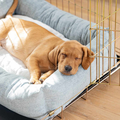 Inchmurrin Cosy & Calm Puppy Box Bed, The Perfect Dog Crate Bed For Pets! To Build The Ultimate Dog Den! In Light Grey Inchmurrin Iceberg! Available To Personalise Now at Lords & Labradors 