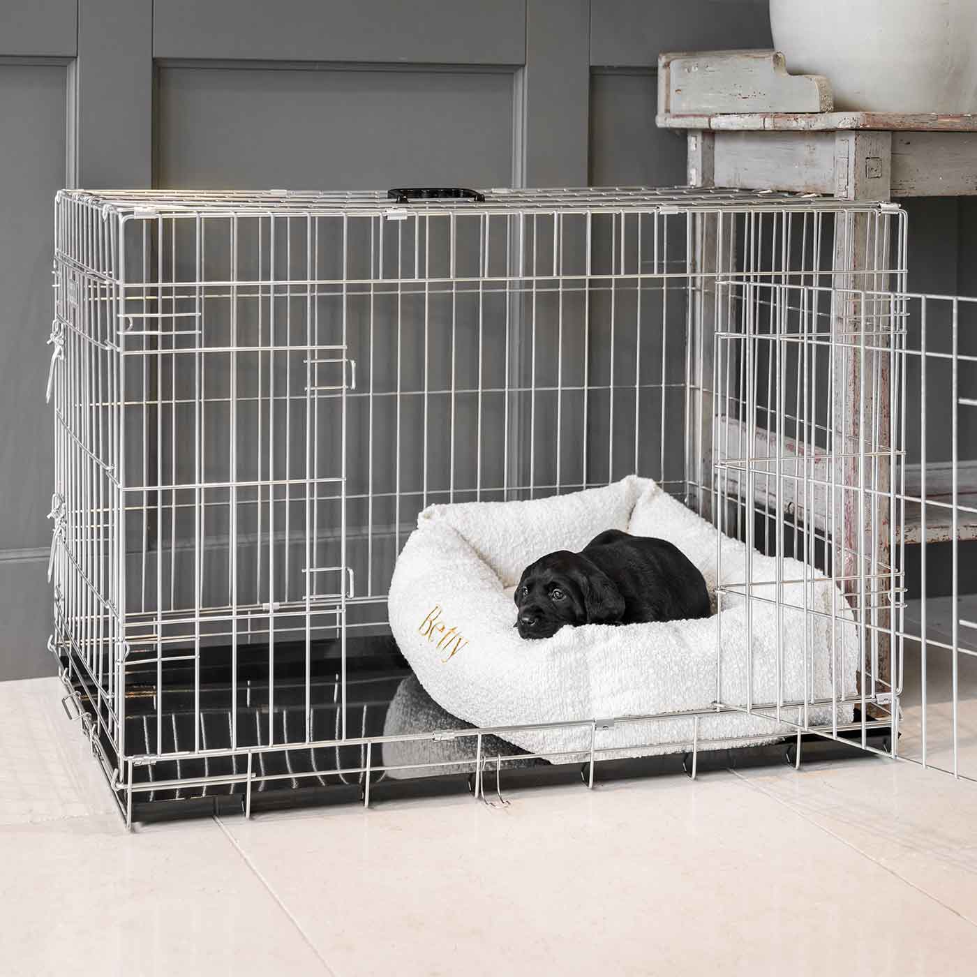  Cosy & Calm Puppy Crate Bed, The Perfect Dog Crate Accessory For The Ultimate Dog Den! In Stunning Ivory Bouclé! Available To Personalise at Lords & Labradors 