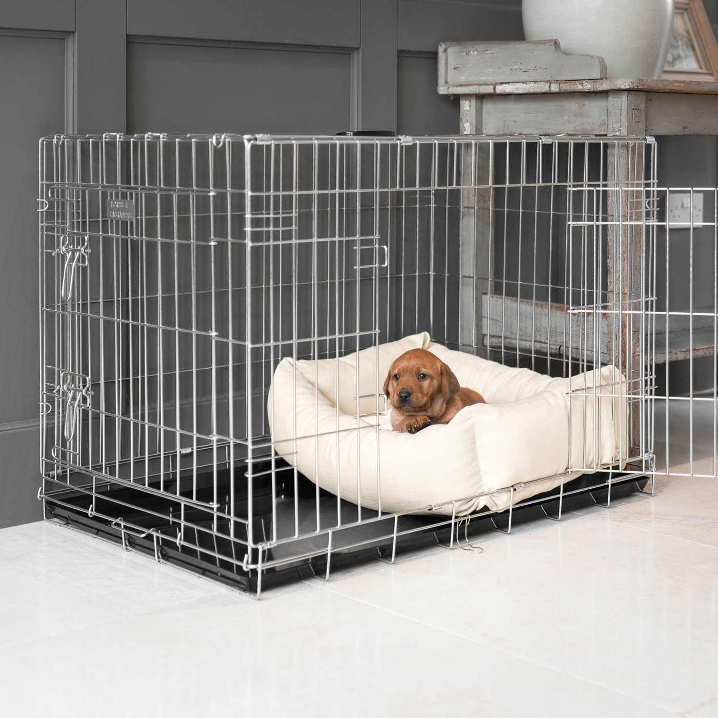 Cosy & Calm Puppy Crate Bed, The Perfect Dog Crate Accessory For The Ultimate Dog Den! In Stunning Savanna Bone! Available To Personalise at Lords & Labradors 