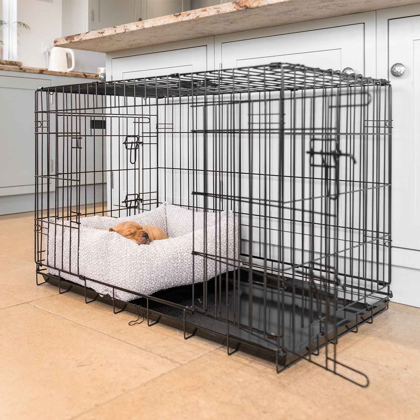  Cosy & Calm Puppy Crate Bed, The Perfect Dog Crate Accessory For The Ultimate Dog Den! In Stunning Mink Bouclé! Available To Personalise at Lords & Labradors 