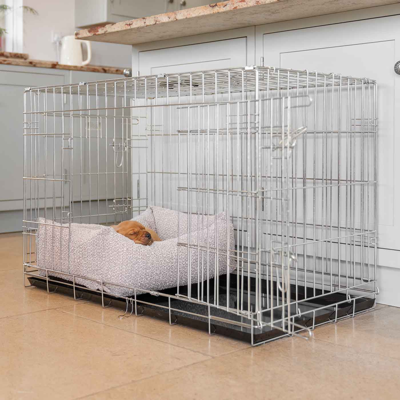  Cosy & Calm Puppy Crate Bed, The Perfect Dog Crate Accessory For The Ultimate Dog Den! In Stunning Mink Bouclé! Available To Personalise at Lords & Labradors 