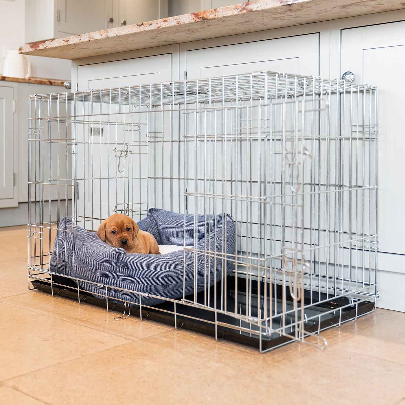  Cosy & Calm Puppy Crate Bed, The Perfect Dog Crate Accessory For The Ultimate Dog Den! In Stunning Oxford Herringbone Tweed! Available To Personalise at Lords & Labradors 