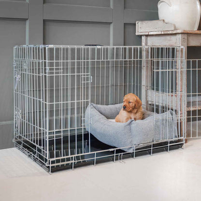  Cosy & Calm Puppy Crate Bed, The Perfect Dog Crate Accessory For The Ultimate Dog Den! In Stunning Pewter Herringbone Tweed! Available To Personalise at Lords & Labradors 