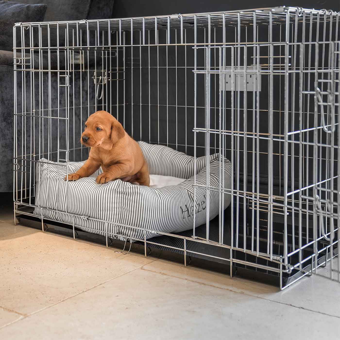 Cosy & Calm Puppy Crate Bed, The Perfect Dog Crate Accessory For The Ultimate Dog Den! In Stunning Regency Stripe! Available To Personalise at Lords & Labradors 