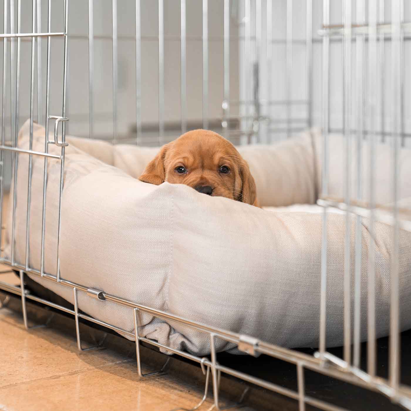  Cosy & Calm Puppy Crate Bed, The Perfect Dog Crate Accessory For The Ultimate Dog Den! In Stunning Savanna Oatmeal! Available To Personalise at Lords & Labradors 