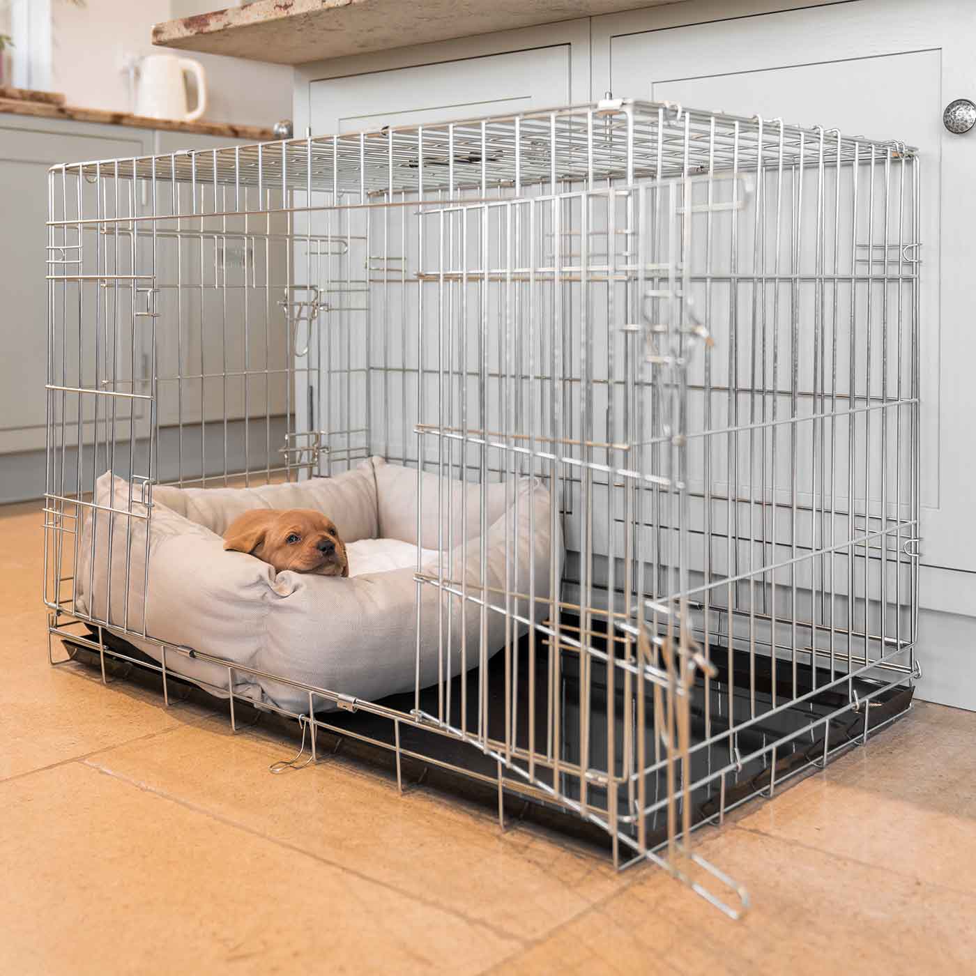  Cosy & Calm Puppy Crate Bed, The Perfect Dog Crate Accessory For The Ultimate Dog Den! In Stunning Savanna Oatmeal! Available To Personalise at Lords & Labradors 