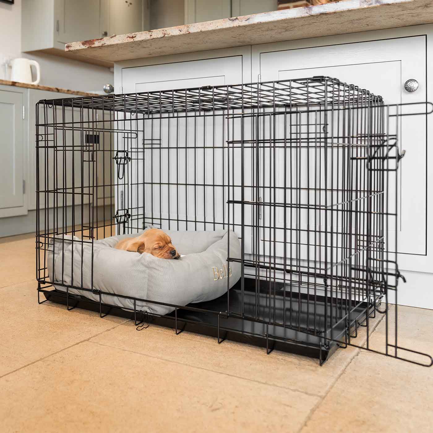  Cosy & Calm Puppy Crate Bed, The Perfect Dog Crate Accessory For The Ultimate Dog Den! In Stunning Savanna Stone! Available To Personalise at Lords & Labradors 