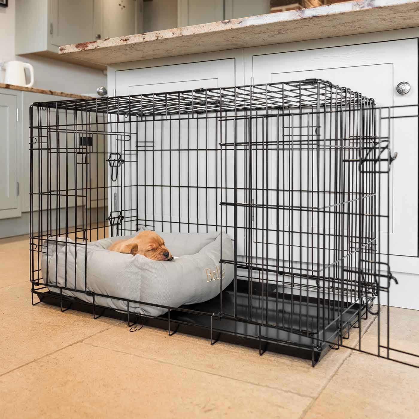  Cosy & Calm Puppy Crate Bed, The Perfect Dog Crate Accessory For The Ultimate Dog Den! In Stunning Savanna Stone! Available To Personalise at Lords & Labradors 