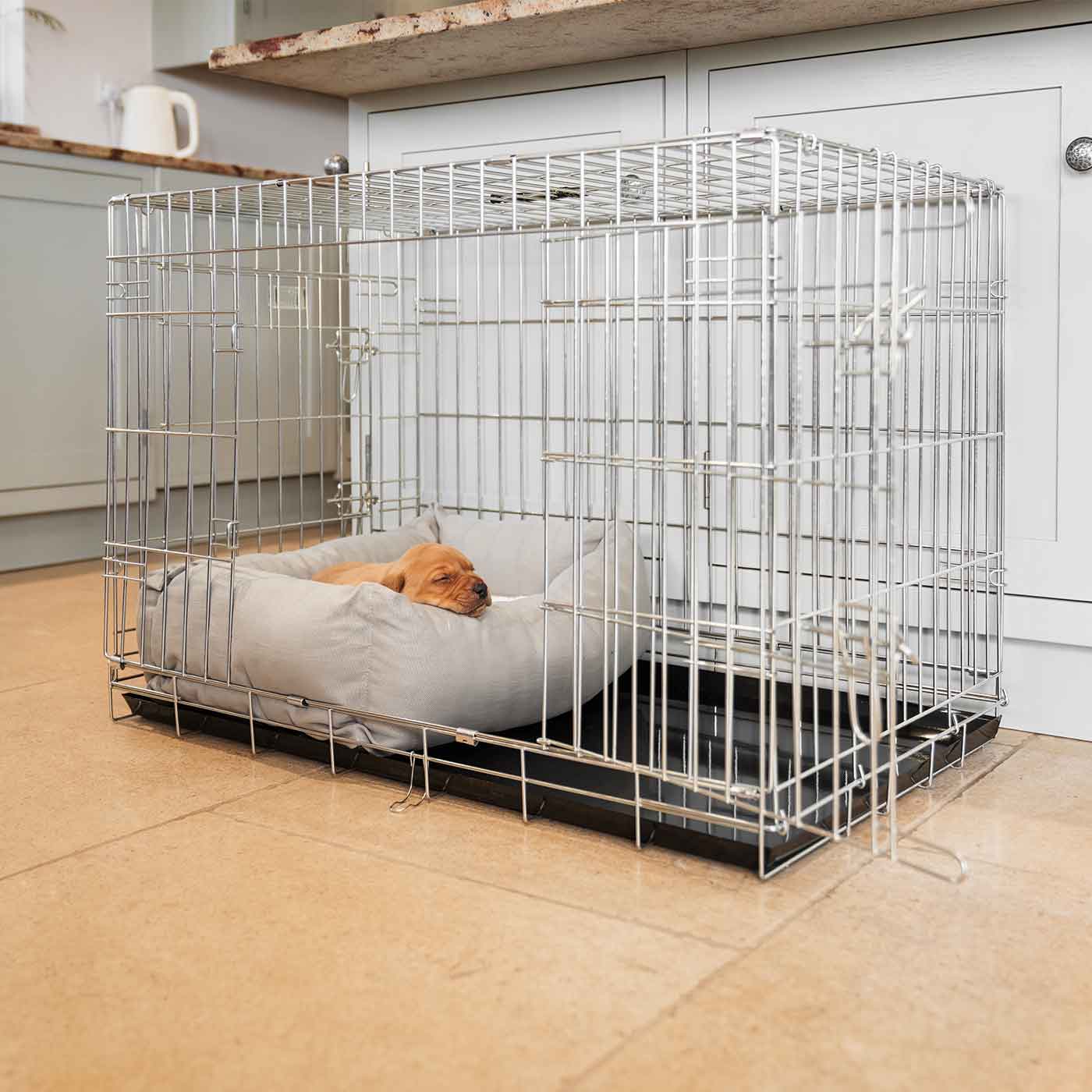  Cosy & Calm Puppy Crate Bed, The Perfect Dog Crate Accessory For The Ultimate Dog Den! In Stunning Savanna Stone! Available To Personalise at Lords & Labradors 