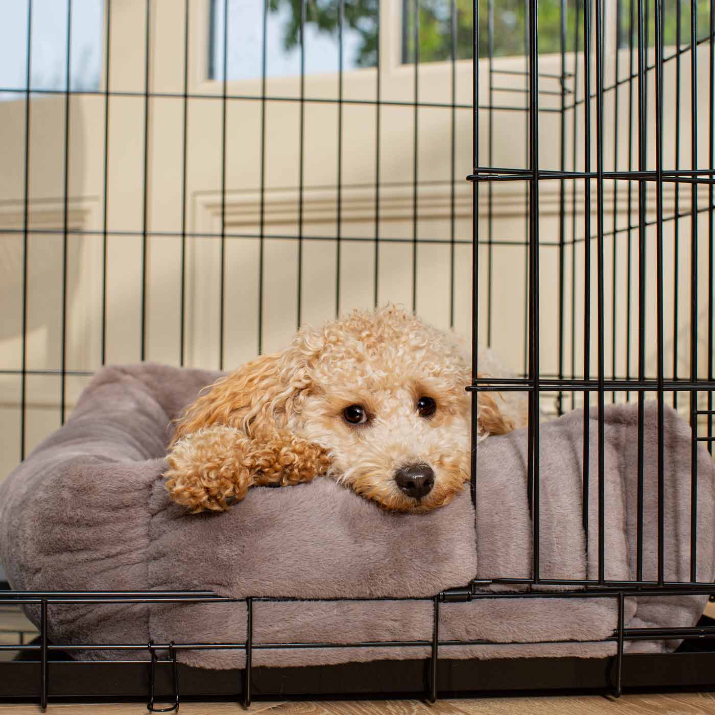 Cosy & Calming Puppy Crate Bed in Calming Anti-Anxiety Fawn Faux Fur by Lords & Labradors