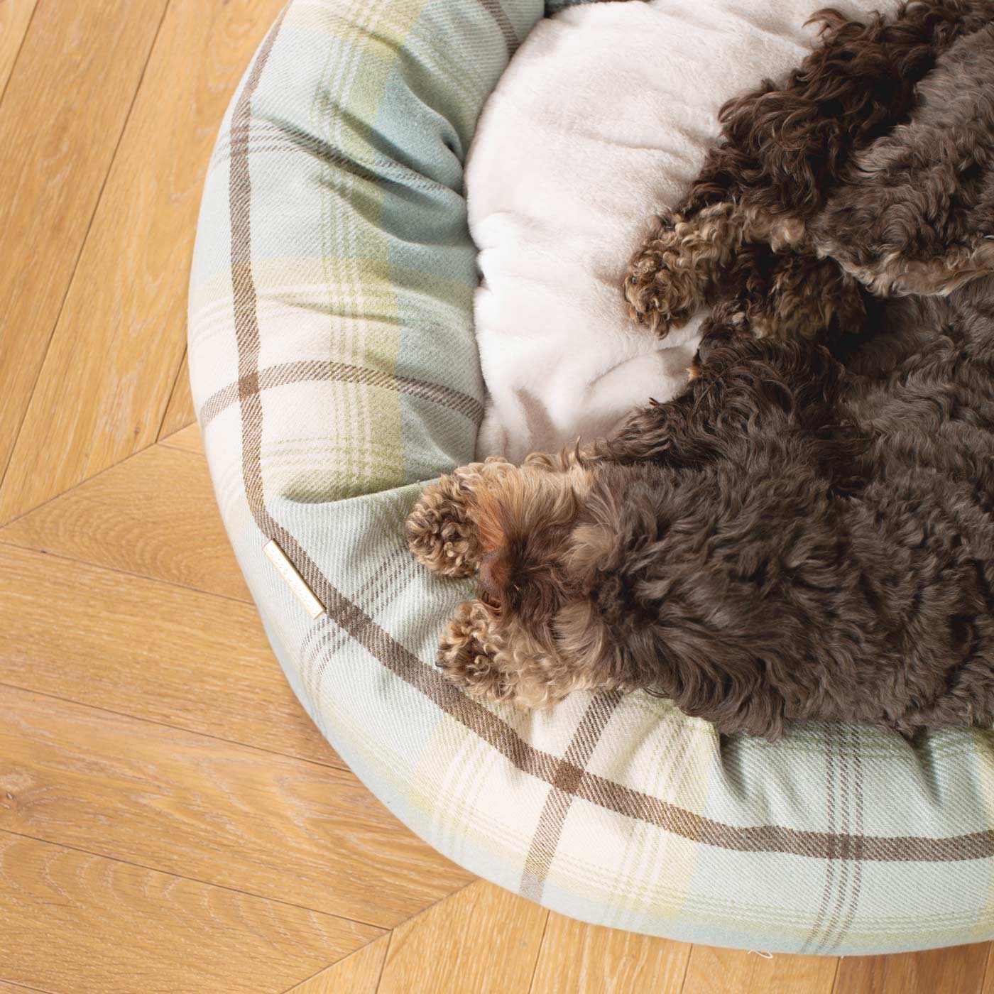 Discover Our Handmade Luxury Donut Dog Bed, In Duck Egg Tweed, The Perfect Choice For Puppies Available Now at Lords & Labradors 