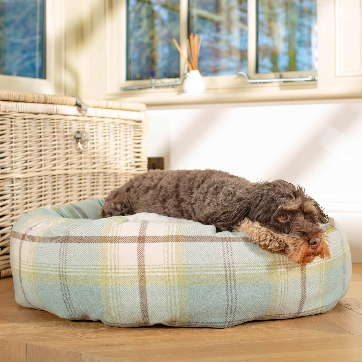 Discover Our Handmade Luxury Donut Dog Bed, In Duck Egg Tweed, The Perfect Choice For Puppies Available Now at Lords & Labradors 