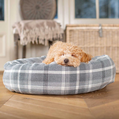 Discover Our Handmade Luxury Donut Dog Bed, In Dove Grey Tweed, The Perfect Choice For Puppies Available Now at Lords & Labradors