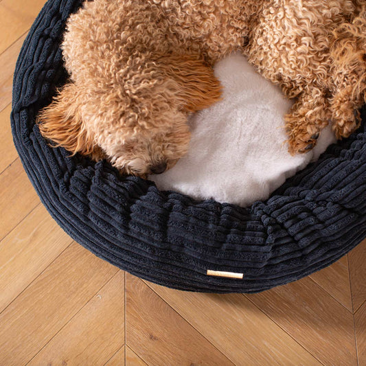 Discover Our Handmade Luxury Donut Dog Bed, In Navy Essentials Plush, The Perfect Choice For Puppies Available Now at Lords & Labradors