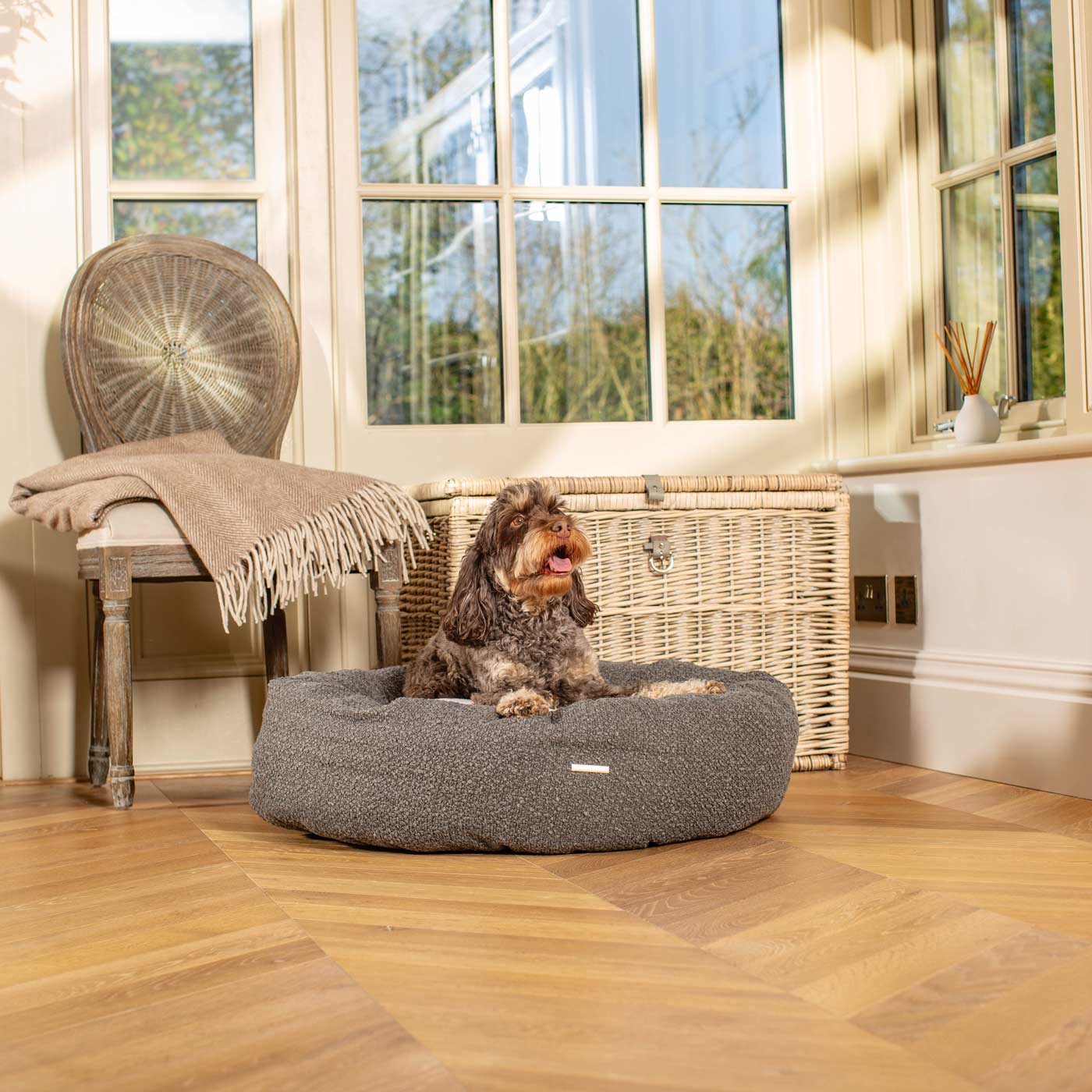 Discover Our Handmade Luxury Donut Dog Bed, In  Granite Bouclé, The Perfect Choice For Puppies Available Now at Lords & Labradors