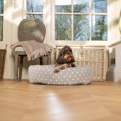 Discover Our Handmade Luxury Donut Dog Bed, In Grey Spot, The Perfect Choice For Puppies Available Now at Lords & Labradors 