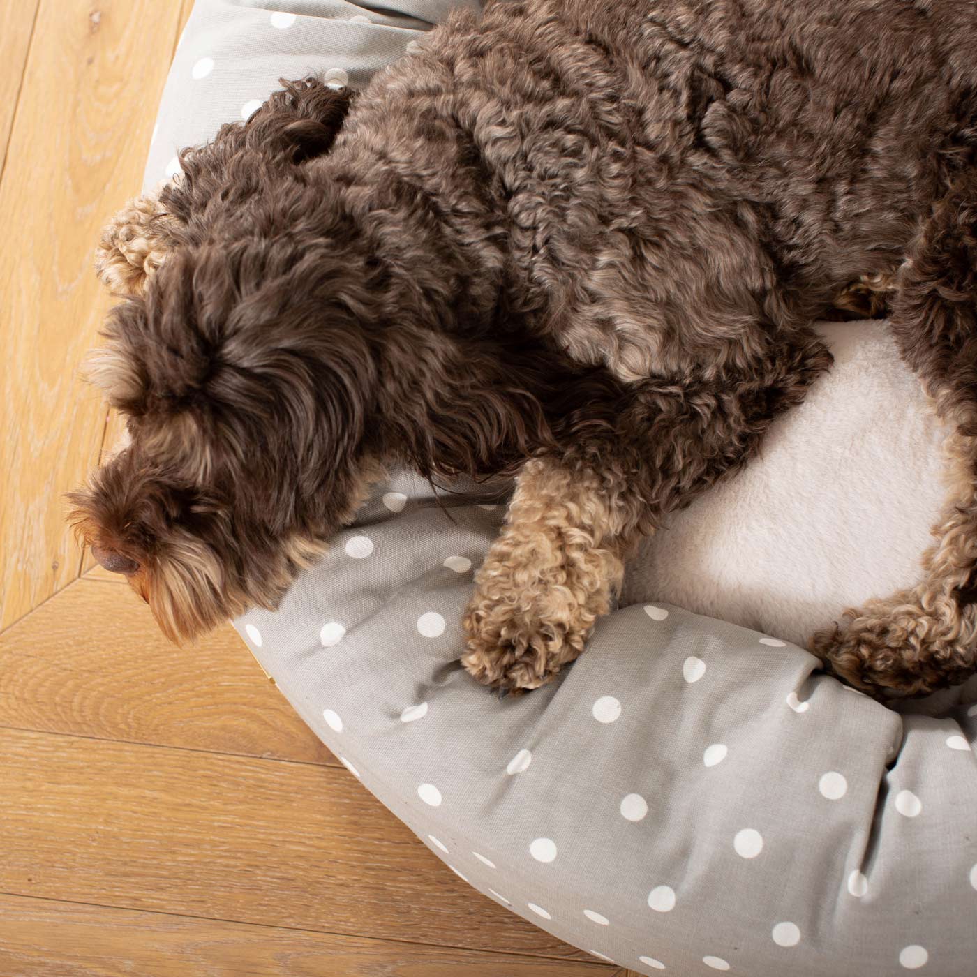 Discover Our Handmade Luxury Donut Dog Bed, In Grey Spot, The Perfect Choice For Puppies Available Now at Lords & Labradors 